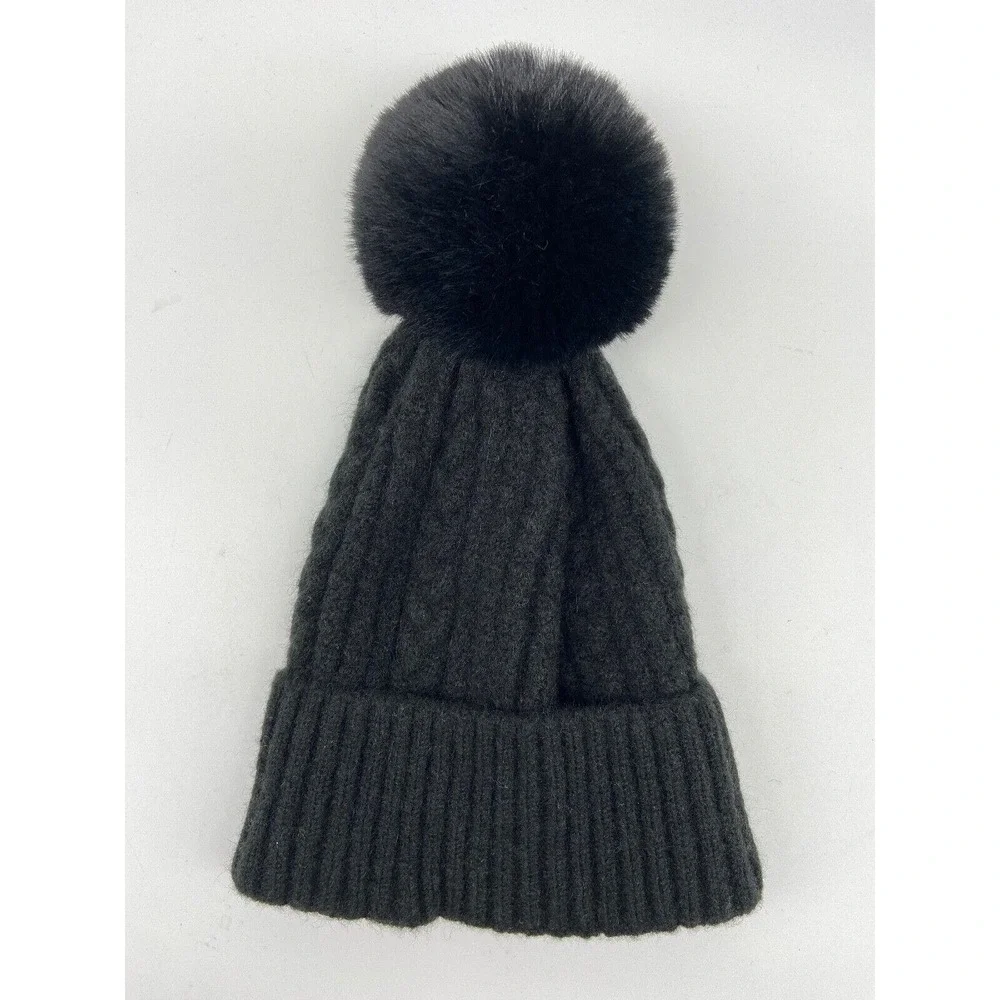 Natasha Beanie Hat Woman Dark Gray‎ Ribbed Furry Pom New